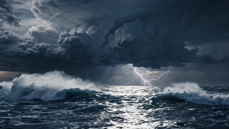Mer majestueuse et turbulente : une vue imprenable sur des eaux orageuses sous des nuages sombres et menaçants, accentuant l'atmosphère dramatique de la fureur de la nature.