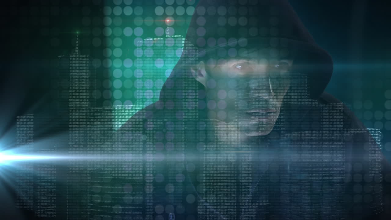 animación de puntos verdes parpadeantes de luz y paisaje urbano sobre el hacker con capucha mirando a su alrededor