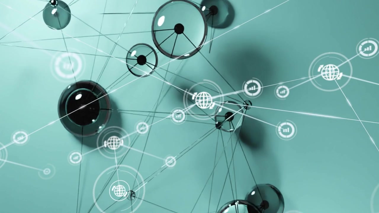 Cam tilting, rotating HUD icons fading, tracing links over 3D sphere net showing links