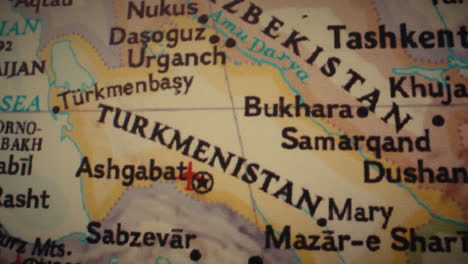 close-up view of turkmenistan and central asia on a map