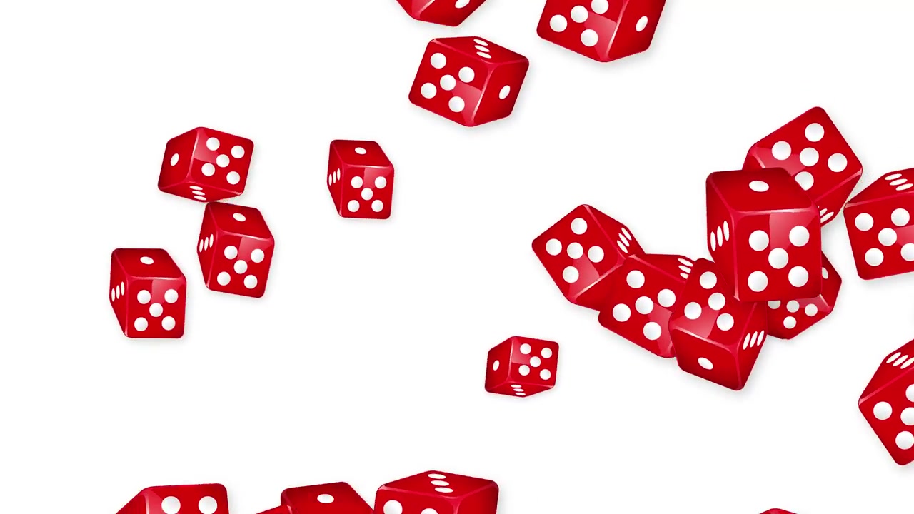 Animação dinâmica de vários dados de jogo vermelhos irrompendo e caindo contra um fundo branco