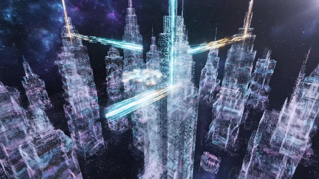 Futuristic Digital Cityscape with Abstract Glowing Networks