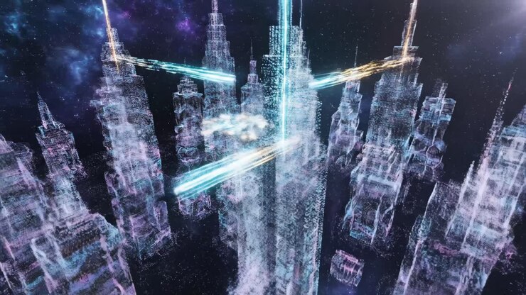 Futuristic Digital Cityscape with Abstract Glowing Networks