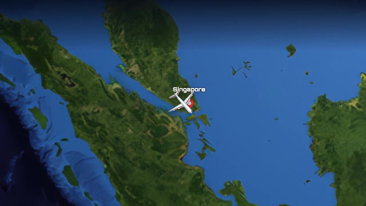 Satellite view animation follows a commercial airplane flying from Paris to Singapore across continents