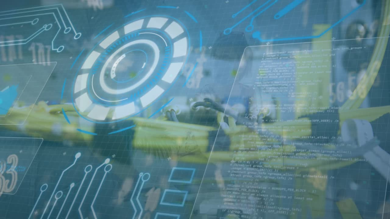 컴퓨터 와이어를 통해 디지털 화면에서 데이터 처리의 애니메이션