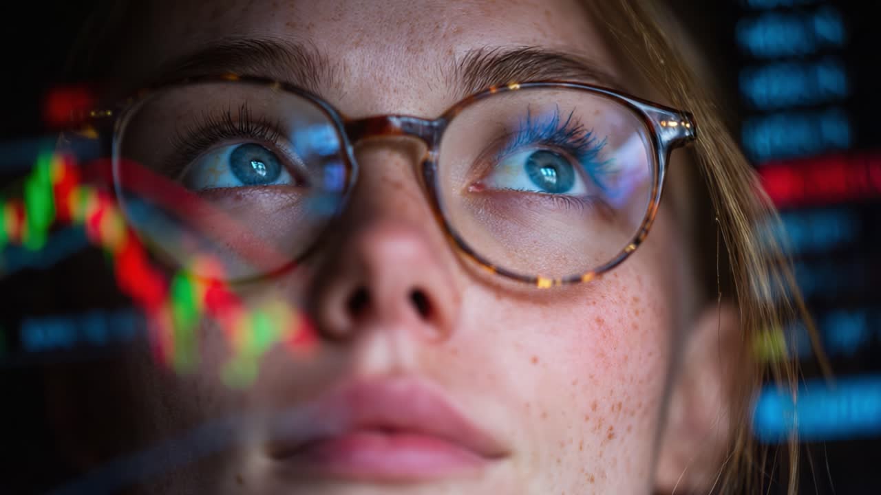 A Focused Young Woman Analyzing Financial Data Through Digital Graphs and Trends with a Captivating Expression and Glowing Blue Eyes