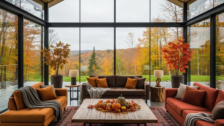 Un soggiorno autunnale accogliente con ampie finestre che mostrano il fogliame autunnale e decorazioni stagionali, creando un'atmosfera calda e invitante per il relax