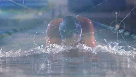 animation of network of connections over fit female swimmer swimming