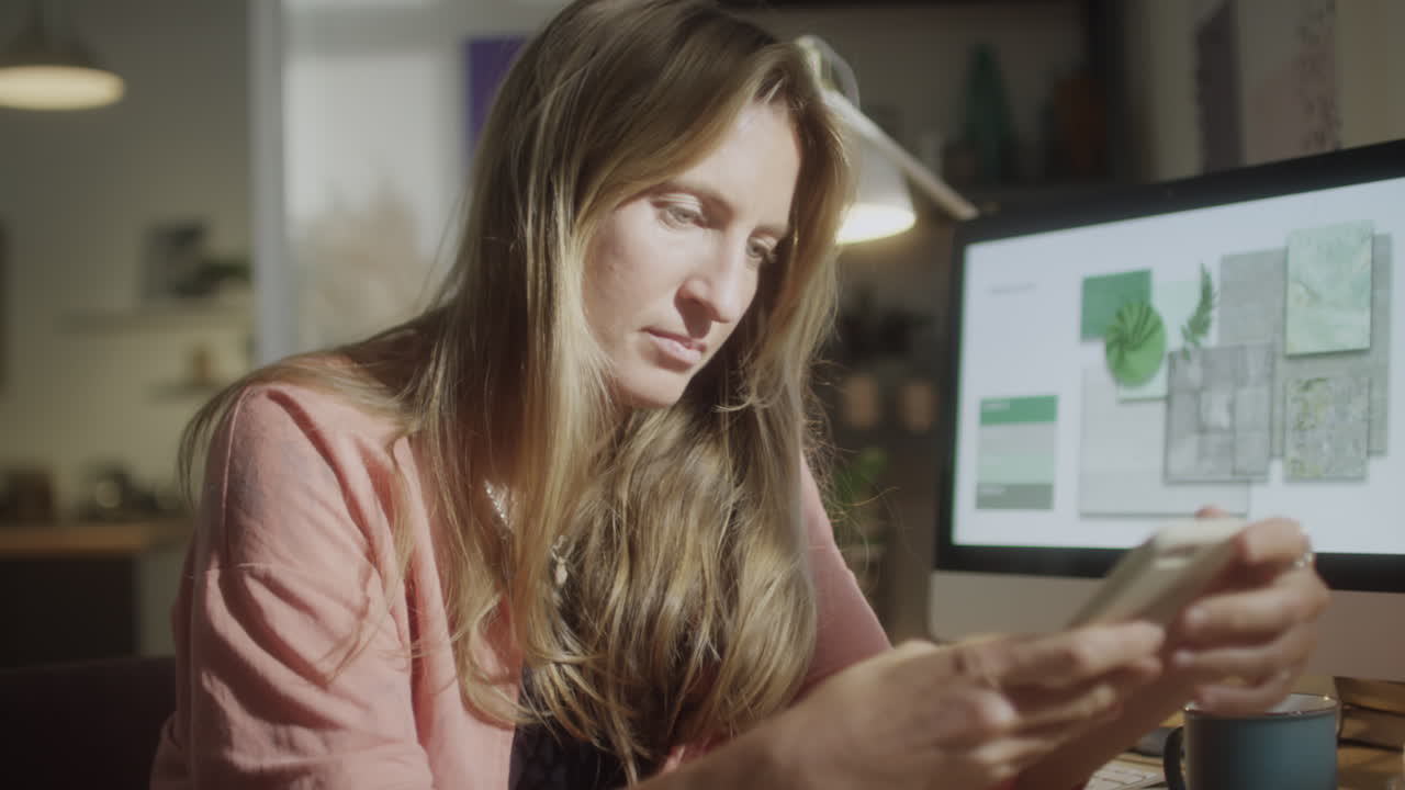 Female Designer Using Phone in Evening at Home