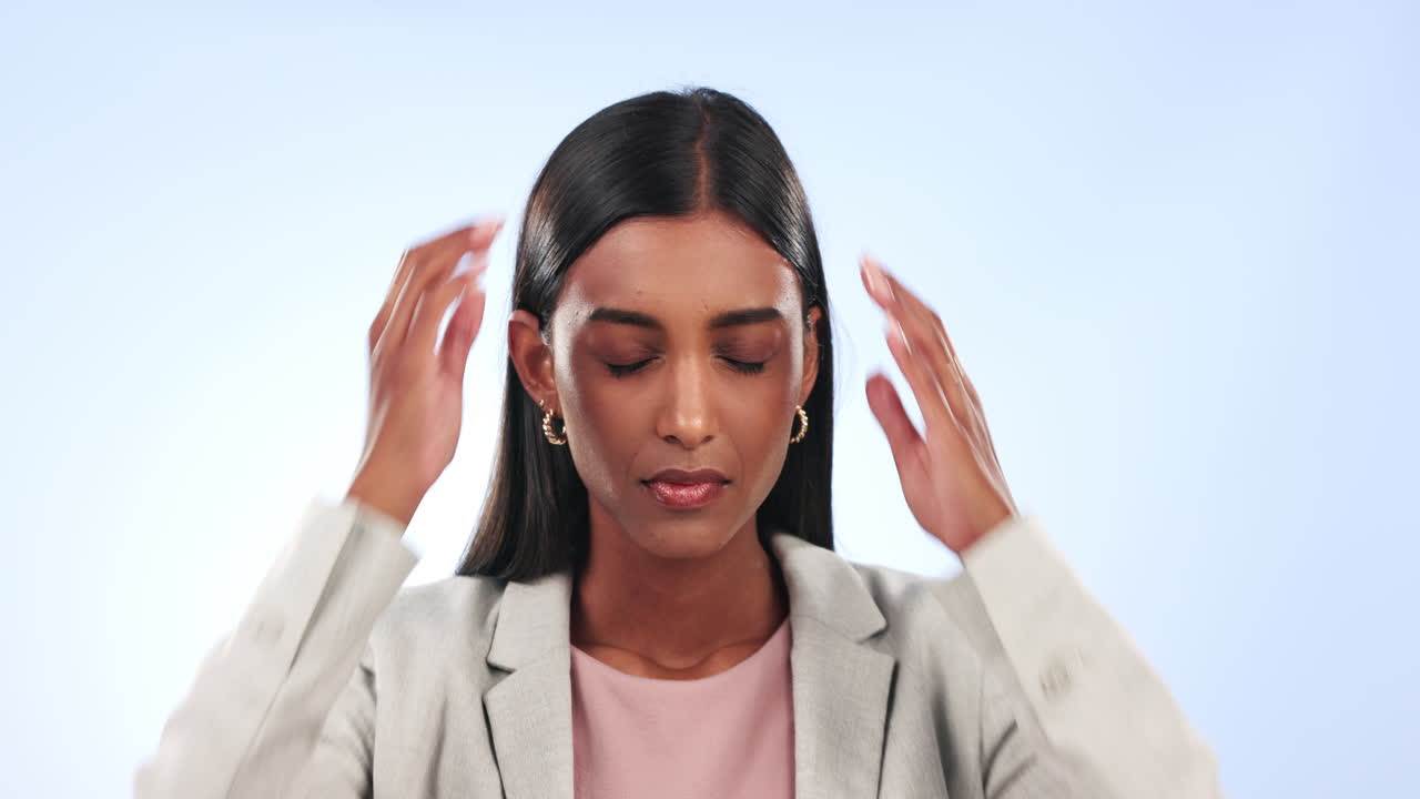 Stress, headache and business woman in studio