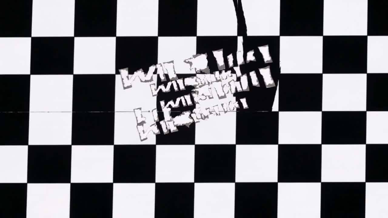 At start Rotating white text pieces forming center tunnel, revealing checkerboard and black shape