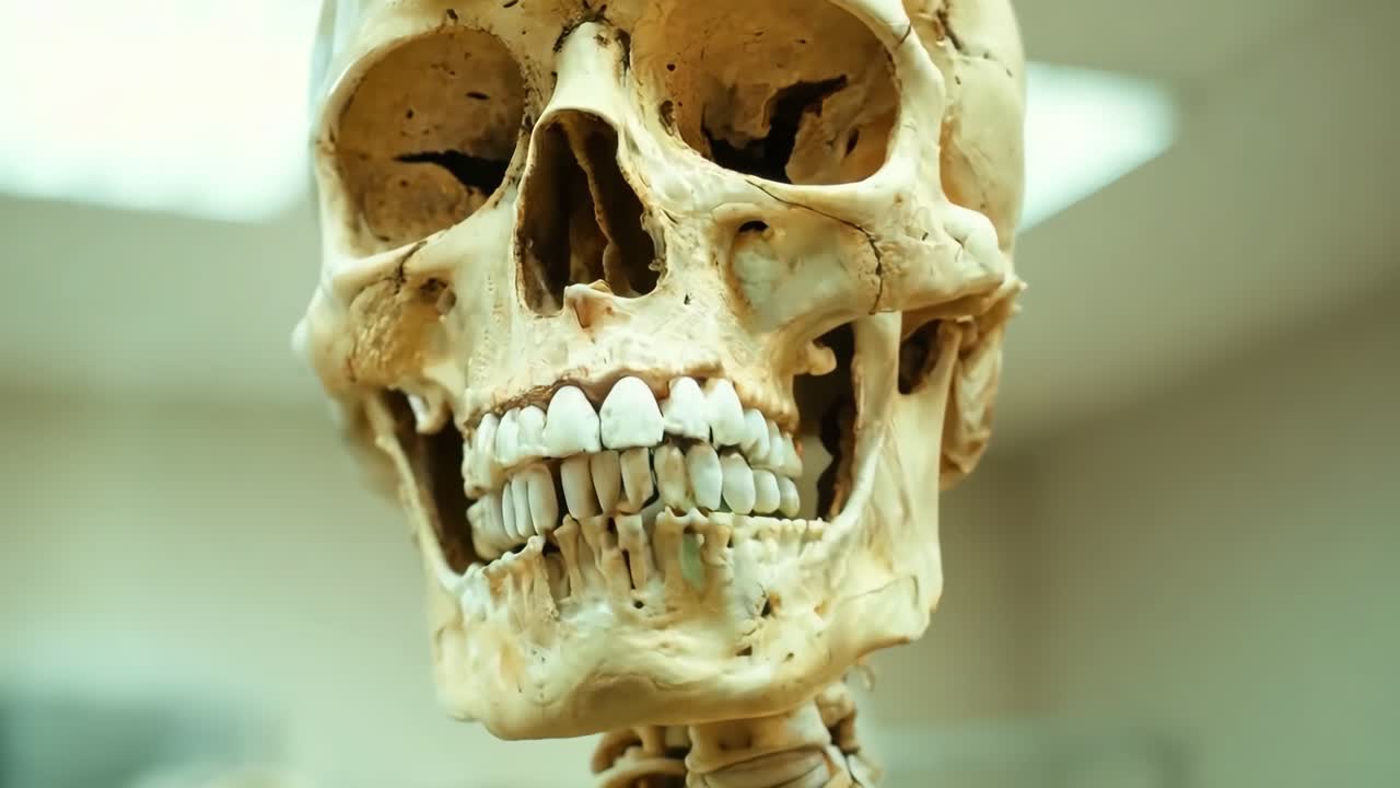 un esqueleto humano en un museo con una luz brillando sobre él