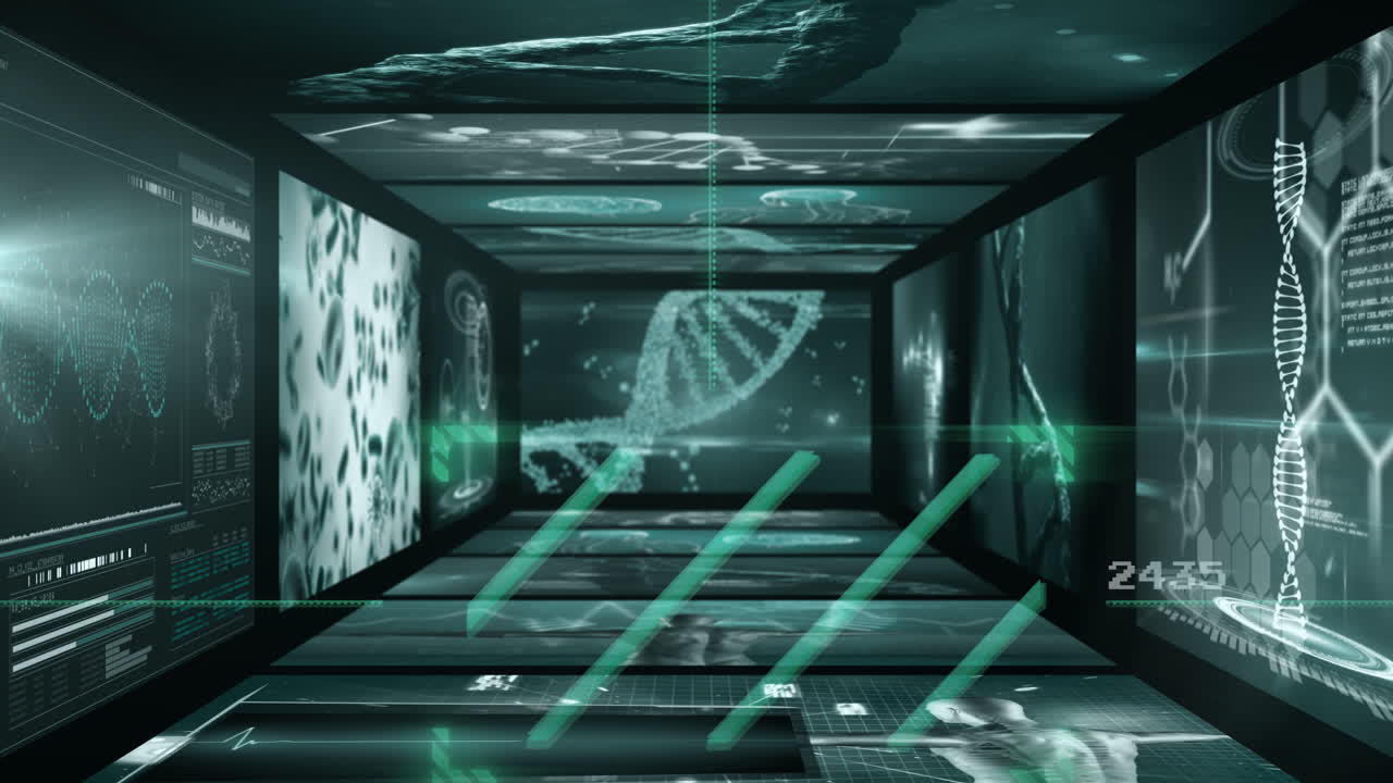 Futuristic digital tunnel with DNA strands and data processing animations