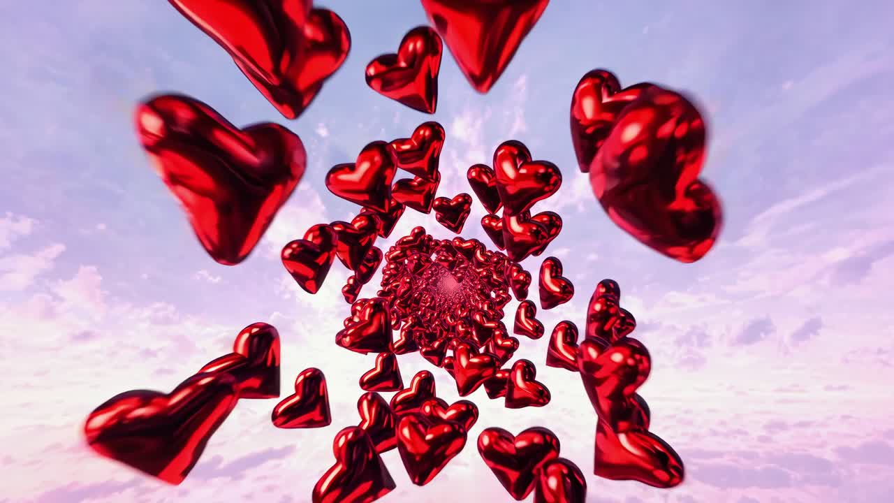 Spiraling red hearts in a mesmerizing motion sequence, creating a dynamic visual flow against a soft pastel sky, evoking feelings of love and romance in a captivating display