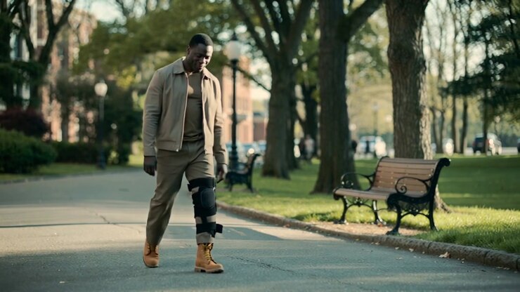 Approaching walking man in tan jacket knee brace shortening stride on park path