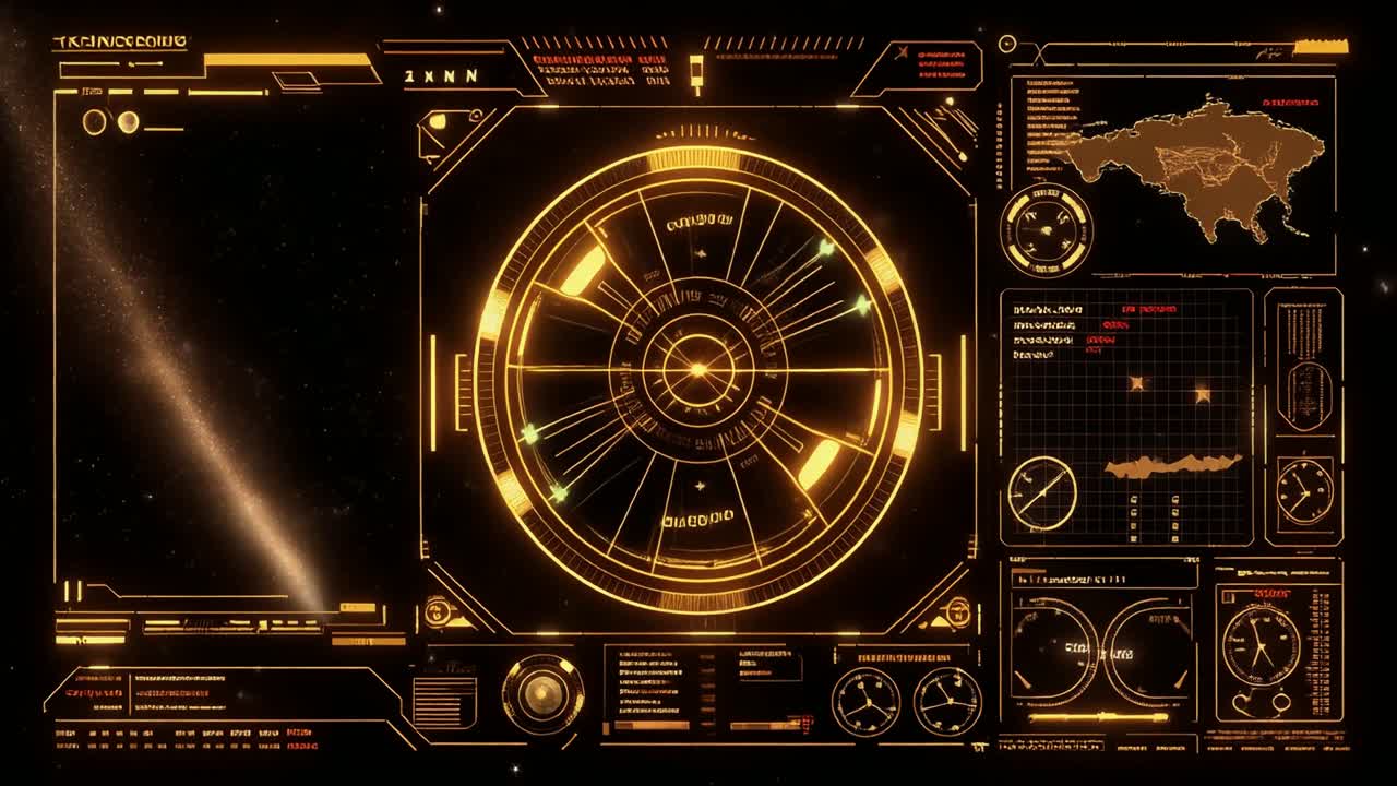 Animated Golden Futuristic HUD Display with Data and Map
