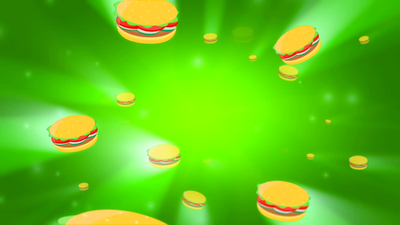 las deliciosas hamburguesas se mueven suavemente en el fondo verde. animación de bucle sin costuras en 3d.