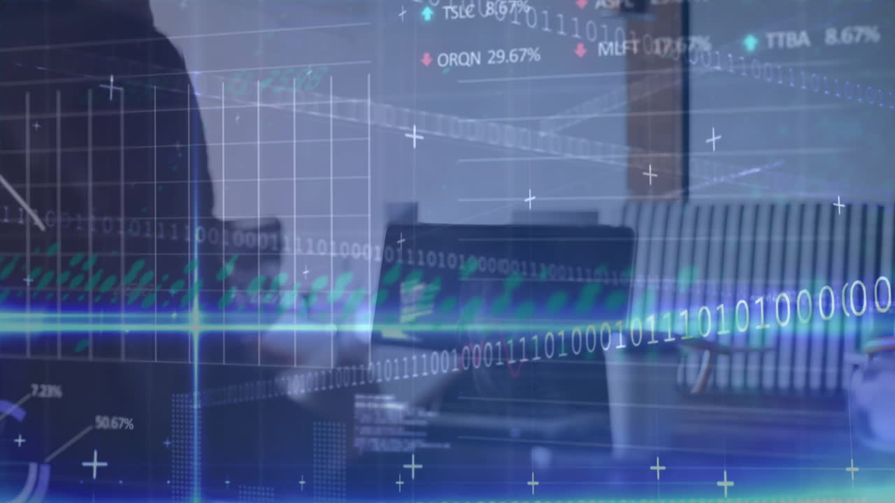 Animation of financial data processing over caucasian businessman in office