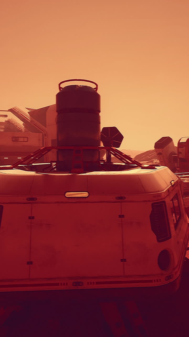 로버 위에 큰 원통형 구조를 가진 미래의 화성 기지