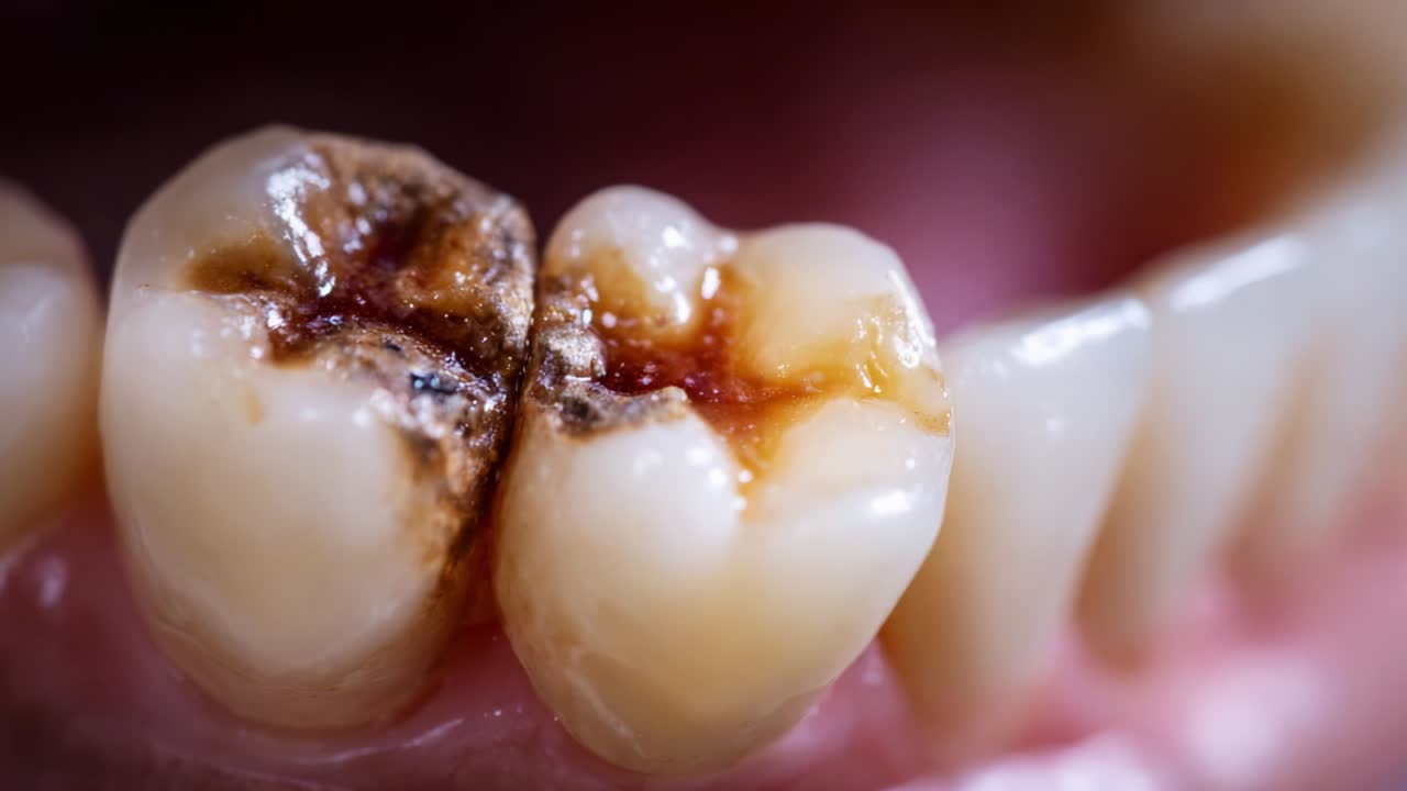 Close-Up Examination of Advanced Tooth Decay Showing Cavity Development and Deterioration in Dental Health with Visible Darkened Structure and Surrounding Enamel Erosion