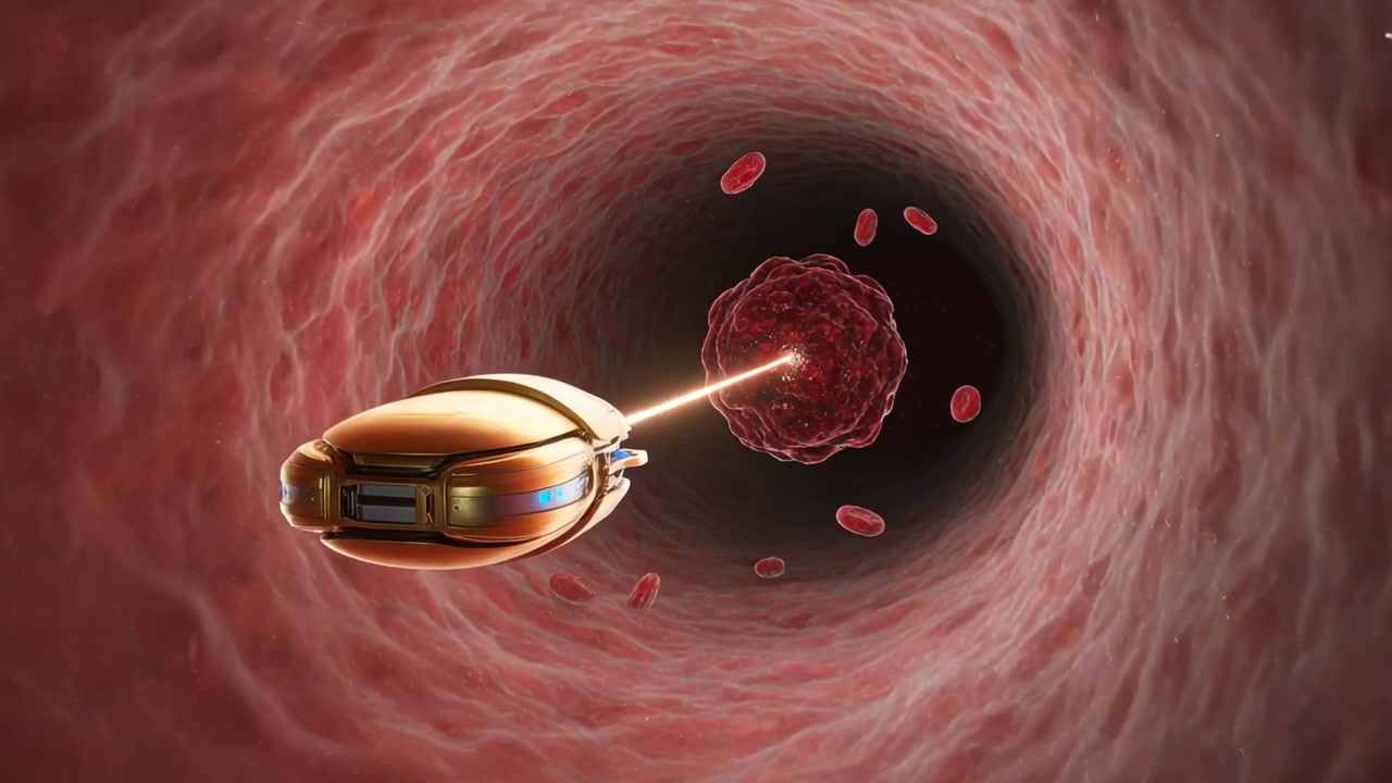 Nanobot a capsula d'oro che rileva un bersaglio, si muove all'interno di un vaso, spara un raggio e rompe una cellula, con spazio per il testo.