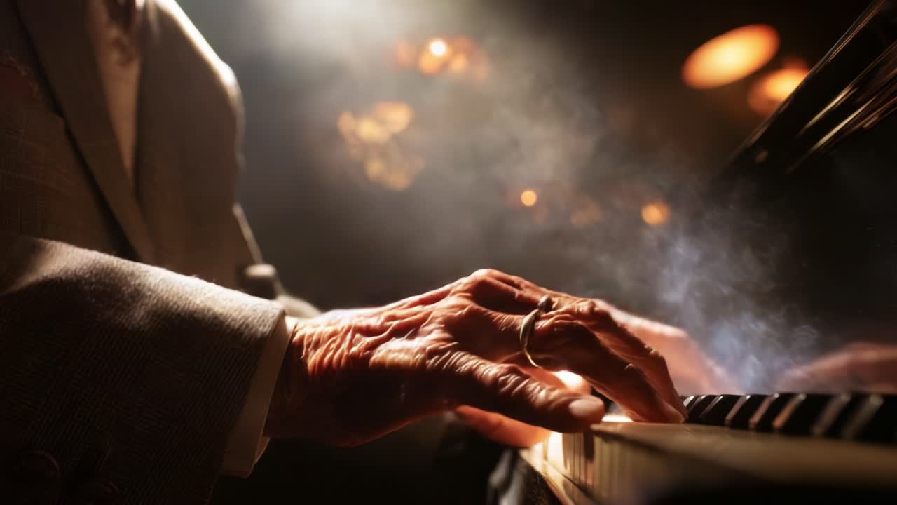 A Musically Engaging Moment: An Elderly Pianist's Hands Gracefully Dance Over the Keys While Enveloped in an Enigmatic, Smoky Atmosphere that Evokes Timeless Melodies
