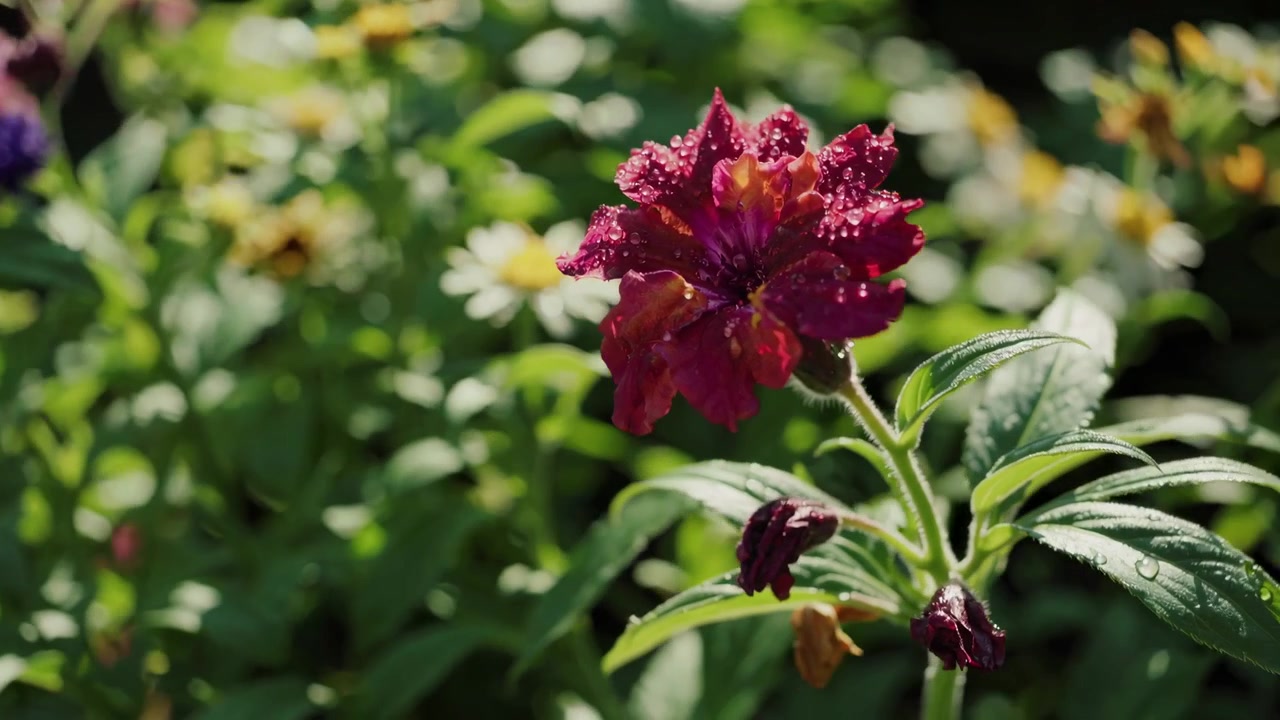 Primo piano di un fiore rosso intenso con gocce di rugiada mattutina