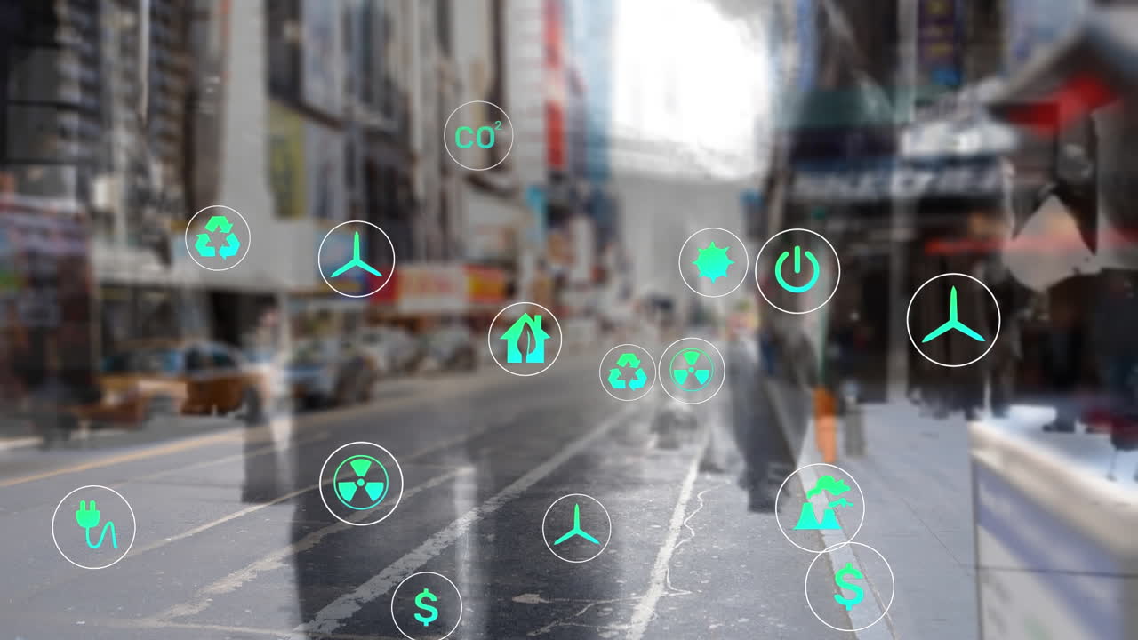 건물에 대한 걸어가는 사람과 거리의 시간 경과에 따라 여러 아이콘의 애니메이션