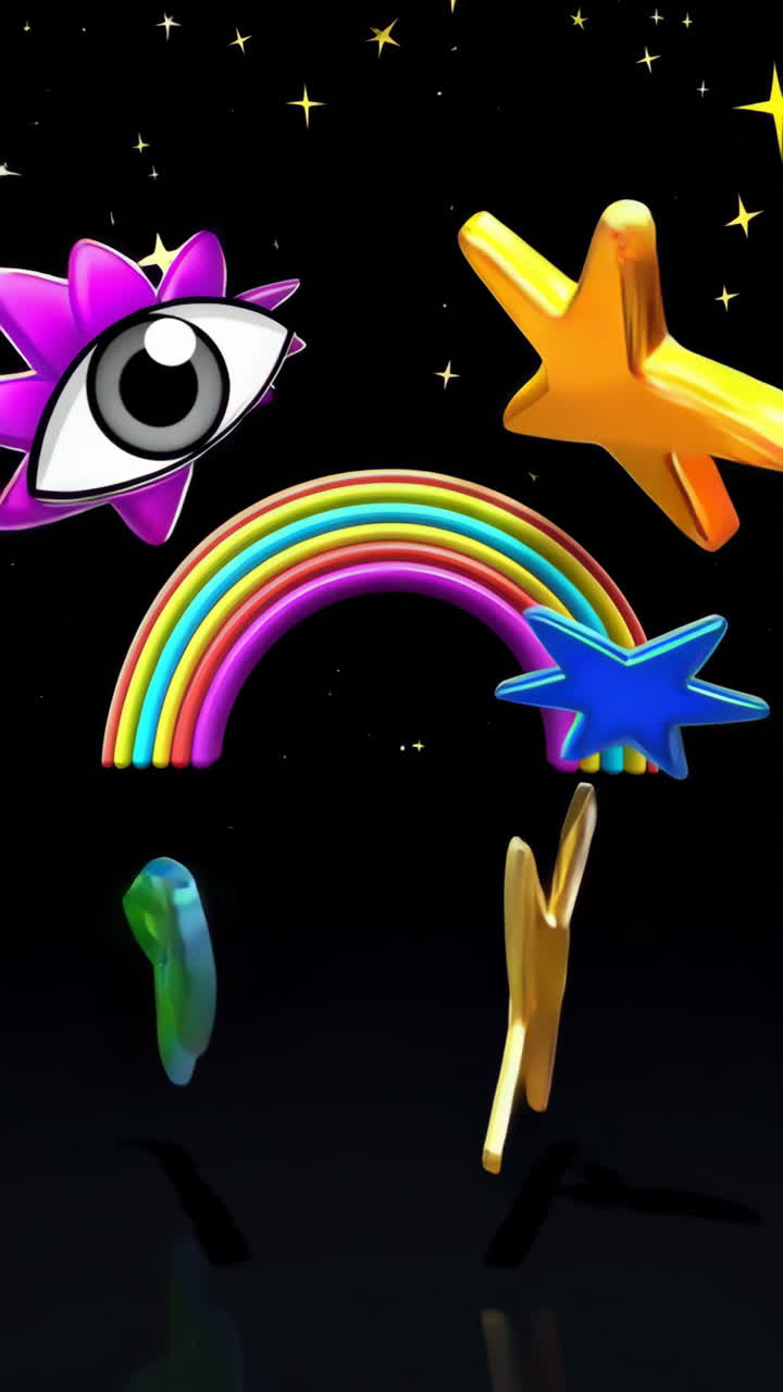 Vibrant Abstract Symbols, Stars, and Rainbow on a Cosmic Background
