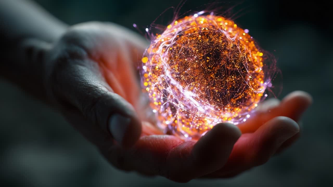 A Glowing Transformation: From Ethereal Blue to Fiery Orange, the Journey of an Enigmatic Energy Sphere in the Palm of a Hand Captured in Two Stunning Frames