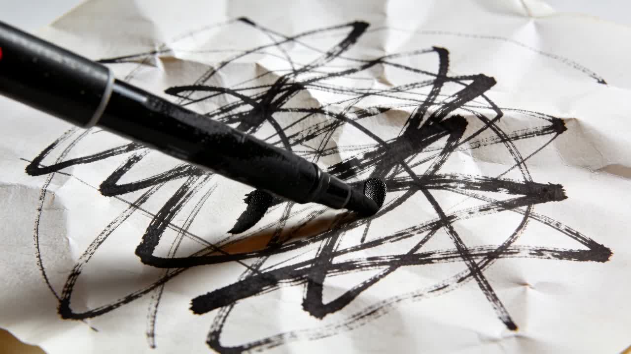 Filzstiftspitze beginnt, schnelle Schlaufenstriche auf zerknittertem Papier zu zeichnen und dunkle Schichten aufzubauen