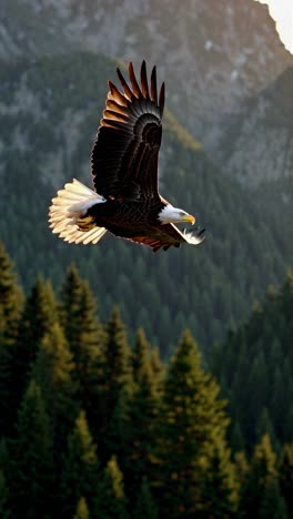majestic eagle soaring over forested mountains, captured from a low-angle, evoking a cinematic video
