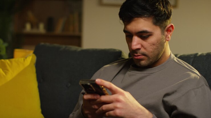 Young Man Spending Evening At Home Sitting On Sofa With Mobile Phone Scrolling Through Internet Or Social Media Streaming Content 3