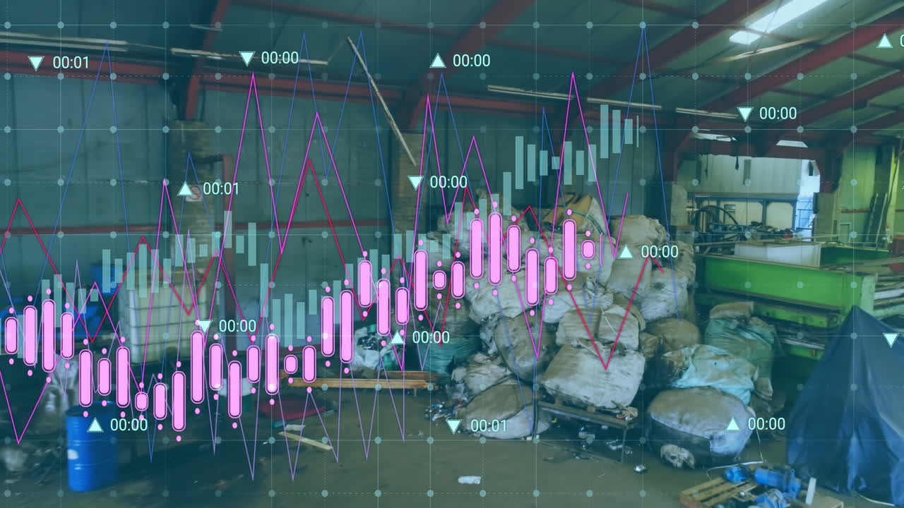 анимация обработки данных над мусорной свалкой
