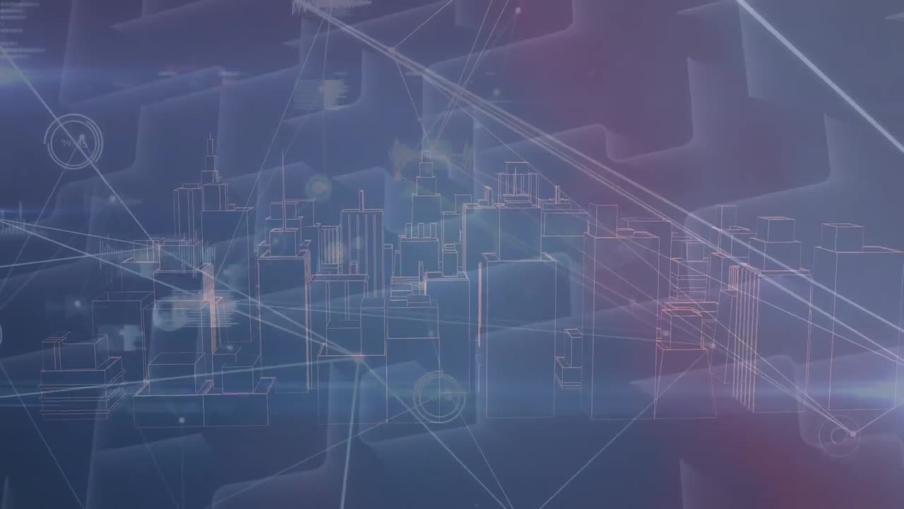 animación de puntos conectados con gráficos e íconos de ondas de sonido sobre laberinto contra el modelo 3d de edificios.