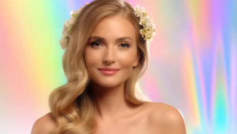 portrait of a beautiful blonde woman with a floral crown and iridescent background