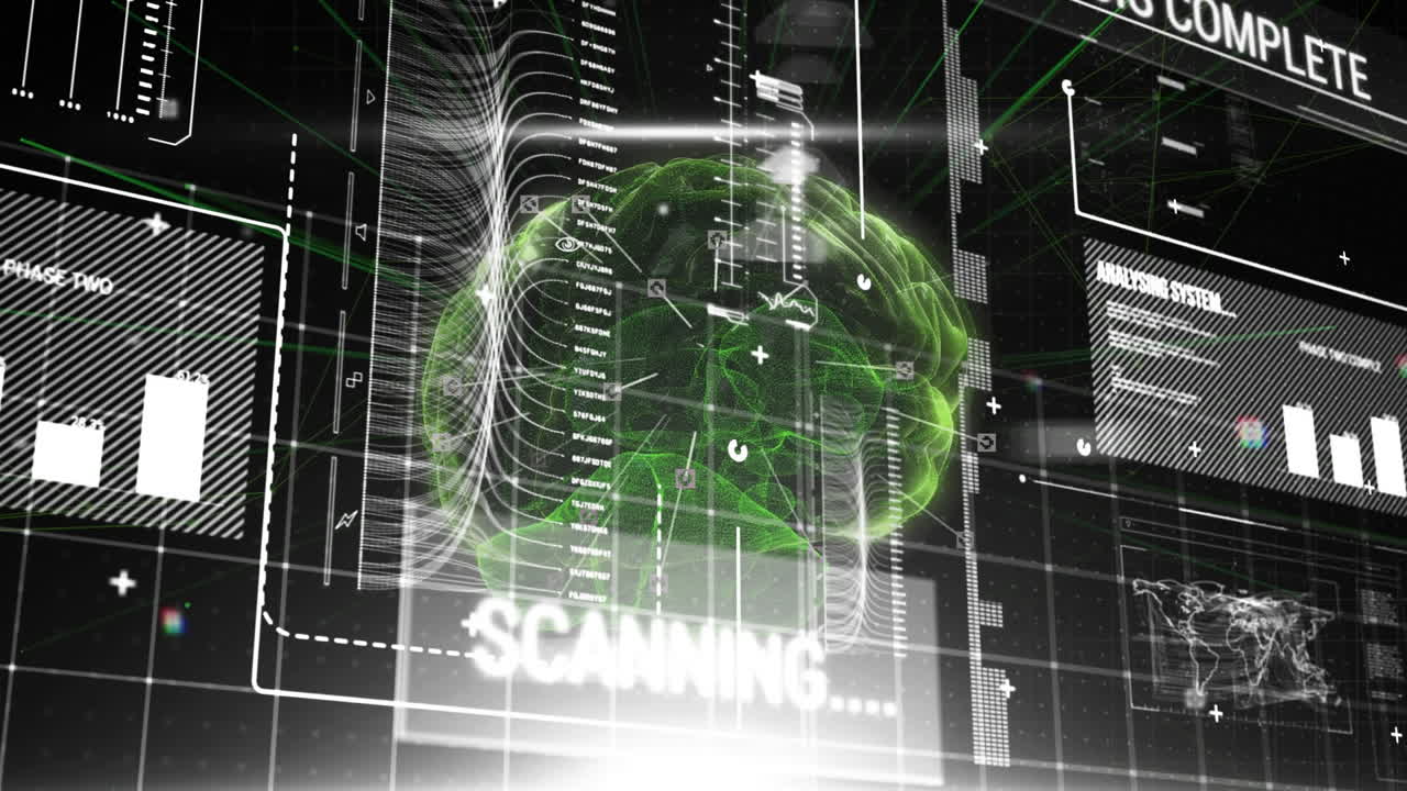 animación de un cerebro humano brillante con procesamiento de datos de interfaz digital