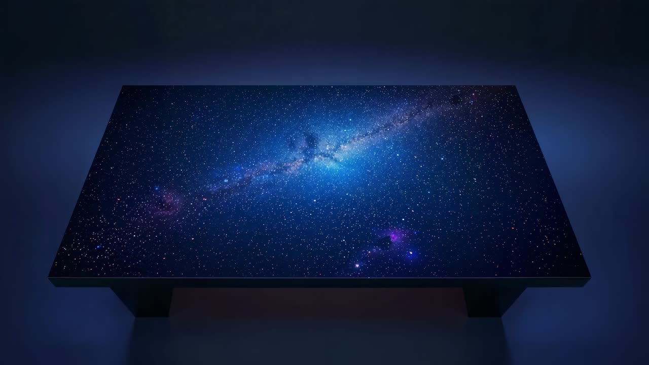 Visualizzazione del pannello che mostra un campo stellare su supporti corti in studio, retroilluminazione blu pulsante per accentuare il nucleo