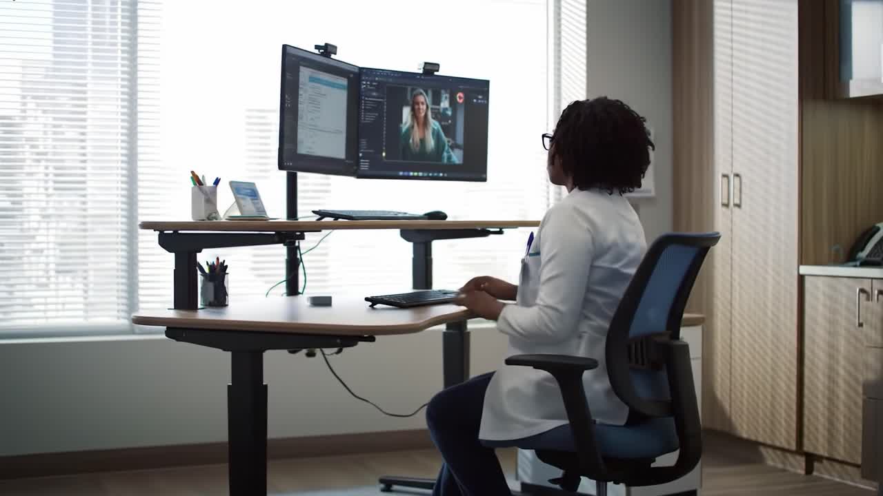 Healthcare Professional Engaged in Telemedicine Consultation, Utilizing Technology for Patient Interaction and Remote Care Management in Modern Office Setting