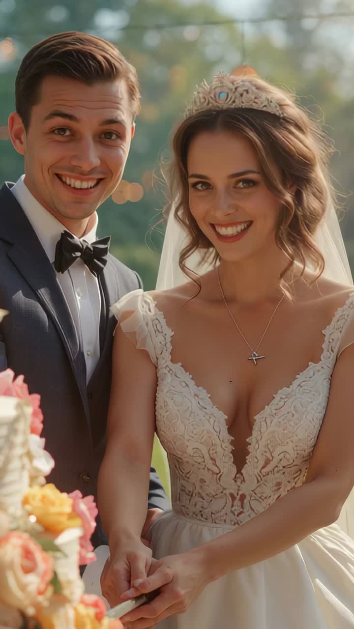 Vertical video: Cutting couple slicing cake after reveal in garden, in lace and tux for celebration