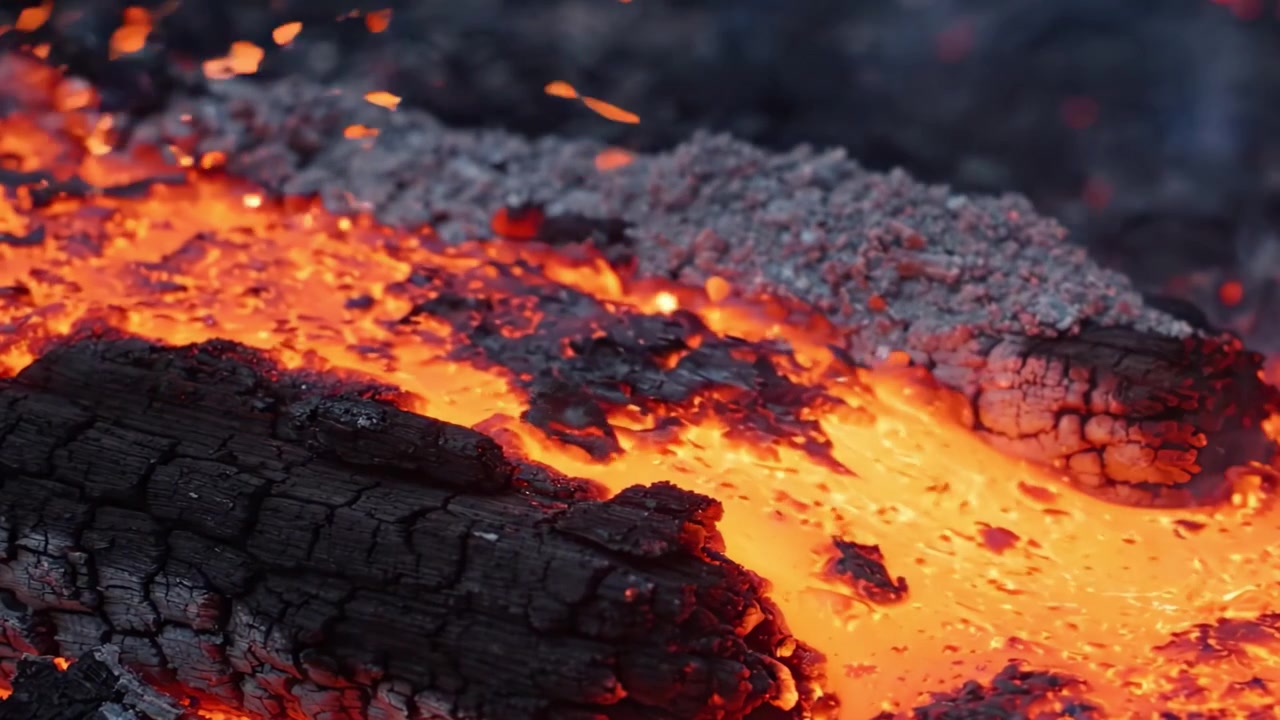 Flujo de lava incandescente sobre troncos carbonizados: un primer plano cautivador de una erupción ardiente y calor fundido, que muestra la fuerza más destructiva de la naturaleza con un detalle impresionante