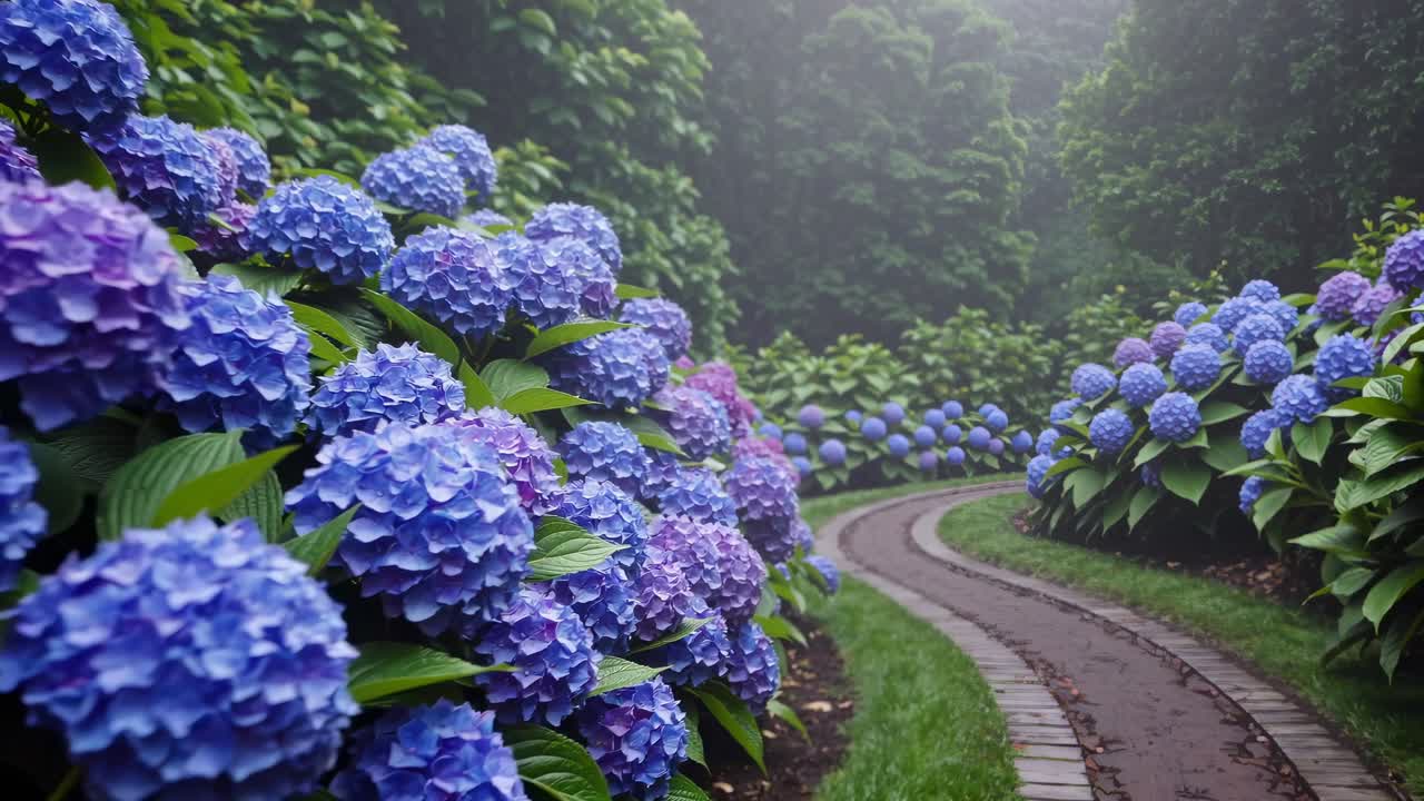 A serene garden path lined with vibrant hydrangeas, captured at eye level
