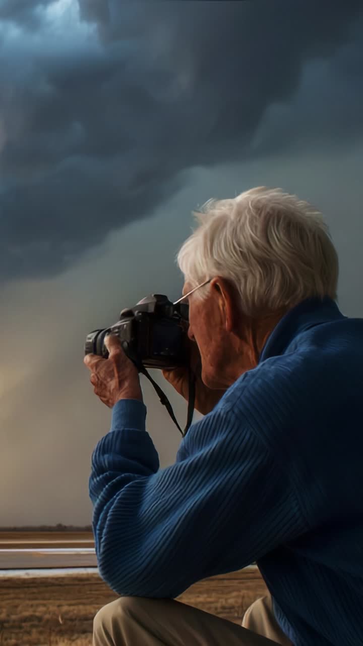 An Elderly Photographer Captures the Beauty of Nature Under Dramatic Stormy Skies, Showcasing Passion and the Art of Photography in Striking Conditions