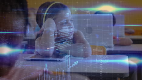 animación del procesamiento de datos sobre diversos escolares que aprenden en el aula