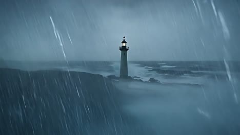 waves crash around a lighthouse during a fierce storm, with rain pouring down and winds howling in the dark night sky