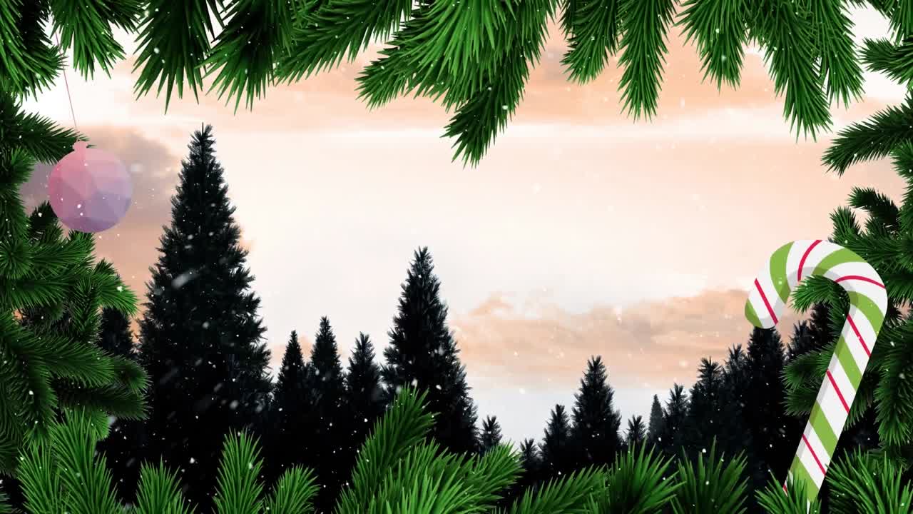 사탕수수 위에 눈이 떨어지는 애니메이션과 나무와 하늘에 걸려있는 바울 아이콘