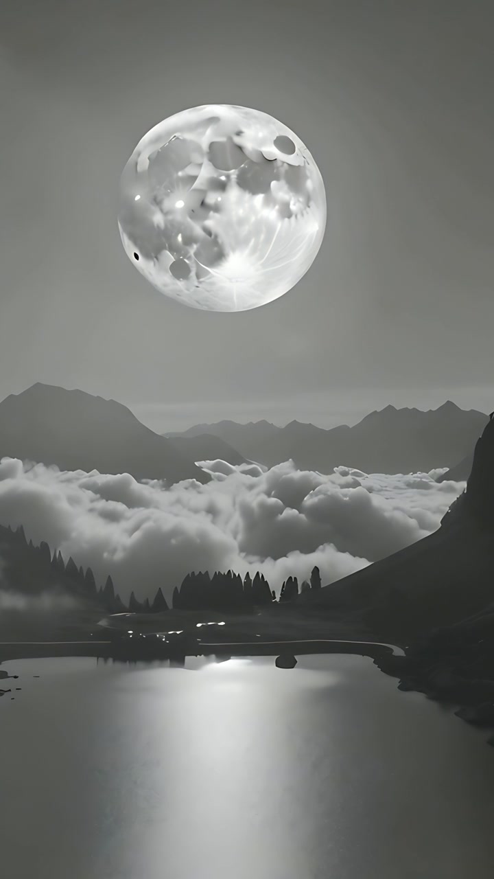 Video verticale: Luna piena luminosa che proietta un bagliore sul lago della valle mentre un banco di nuvole si sposta, rivelando luci.