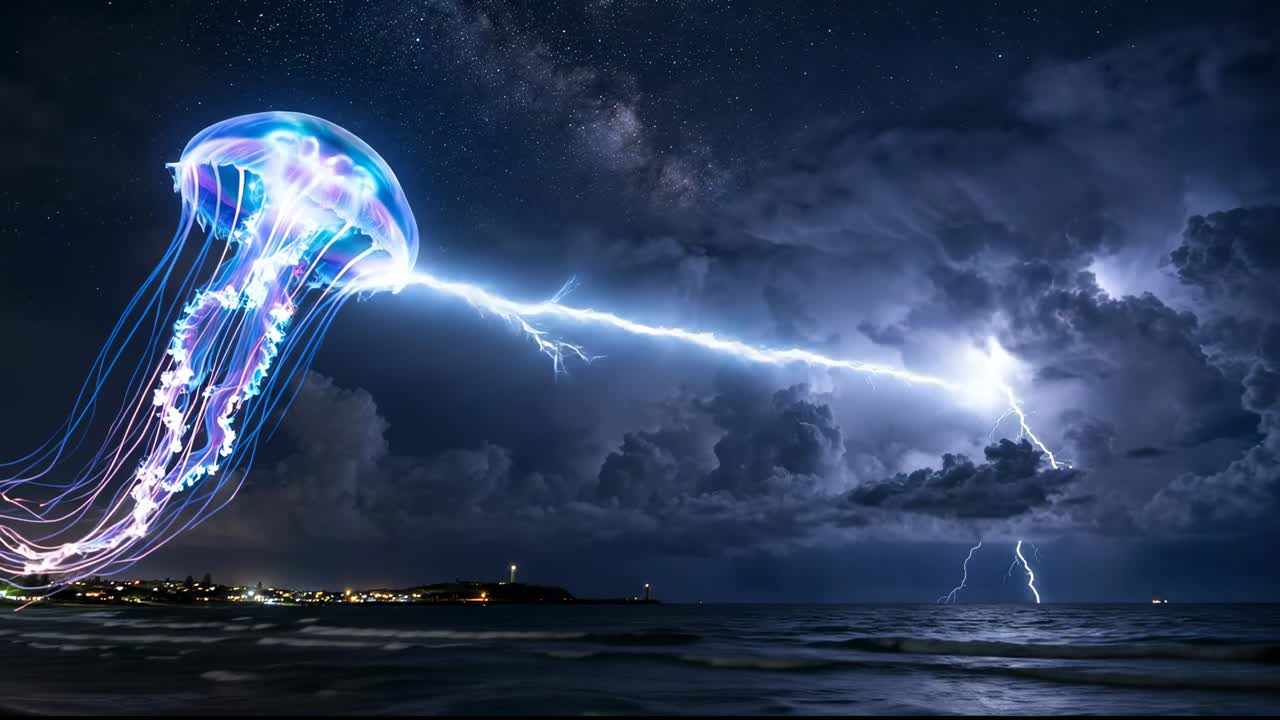 Bioluminescent kwal en onweersbui boven de oceaan 's nachts