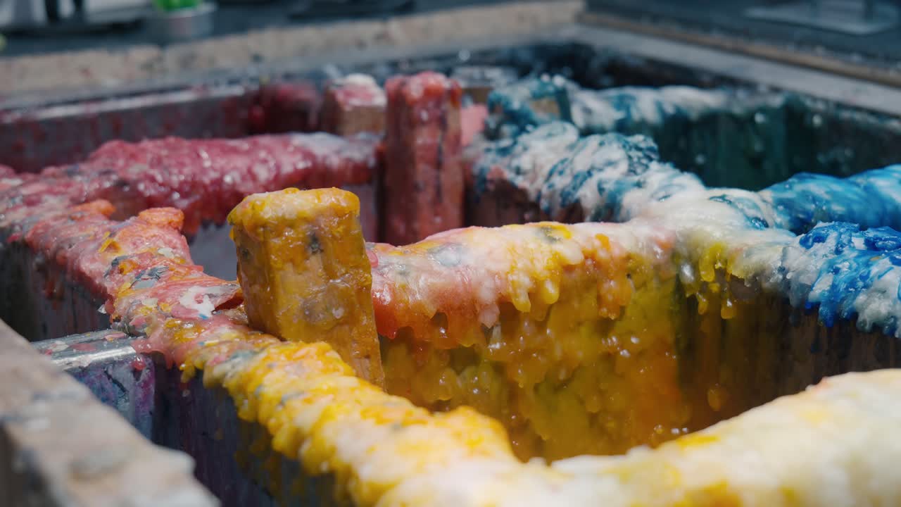 Hand-dipped candle process with colorful wax layers, La Candela store, Venice