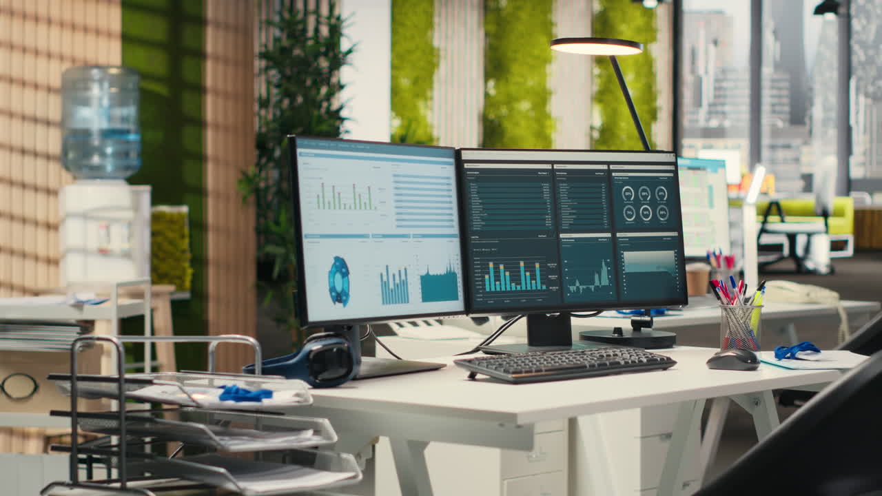 Vertical Video Empty business offices with dual monitors running financial diagnostics
